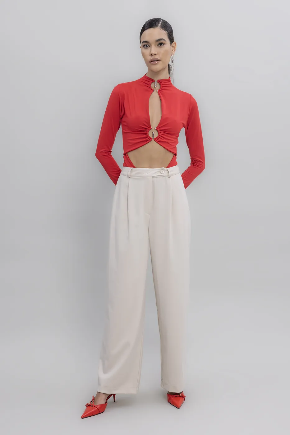 Bayan Krem Yüksek Bel Klasik Kumaş Pantolon