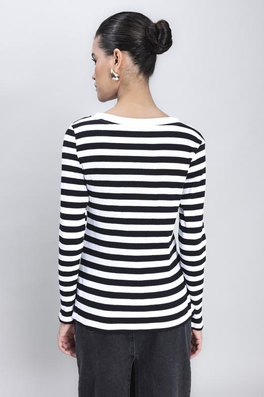 Bayan Siyah Kayık Yaka Çizgili T-Shirt - BSL