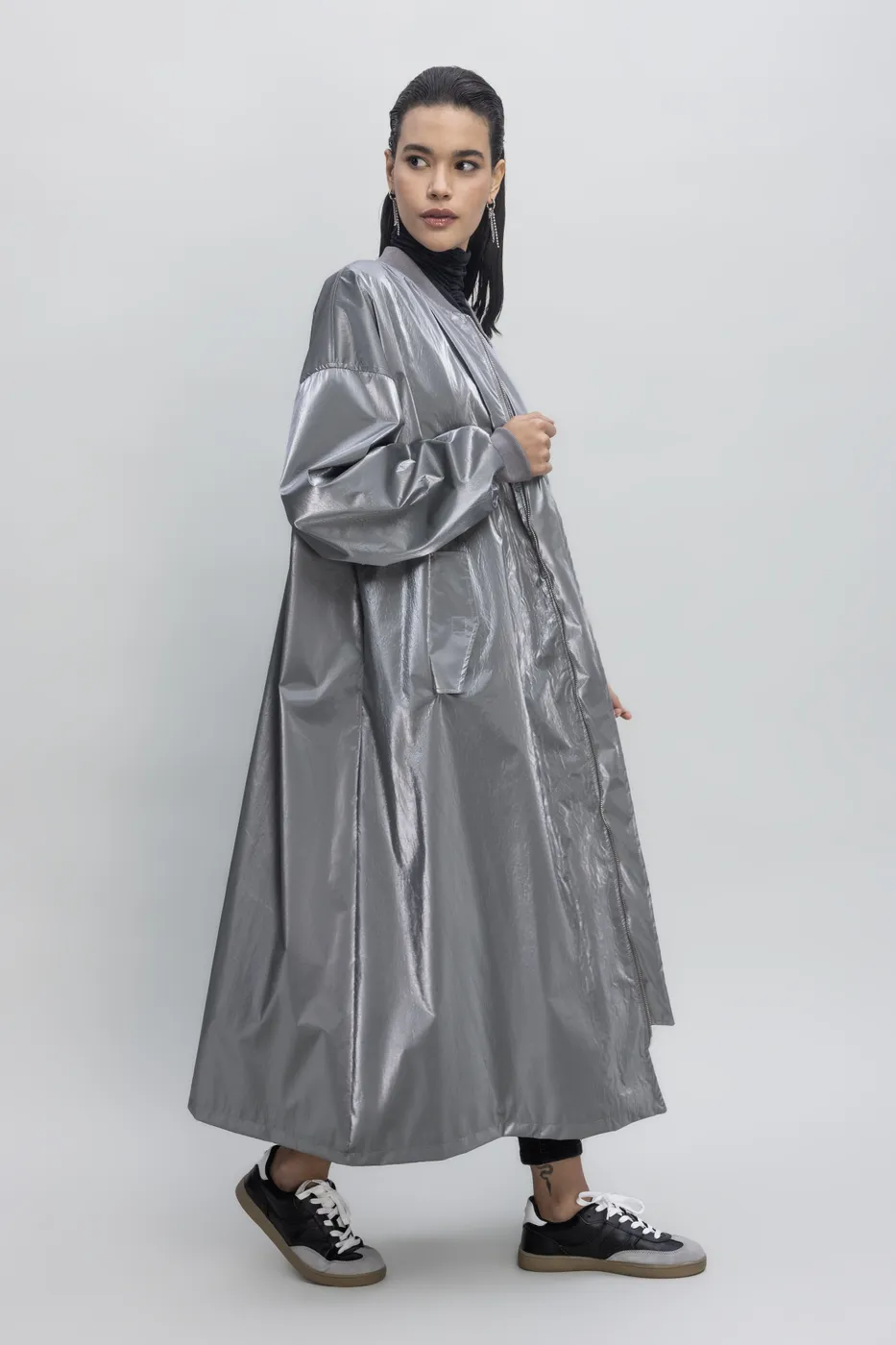 Bayan Gri Oversize Uzun Rugan Trençkot