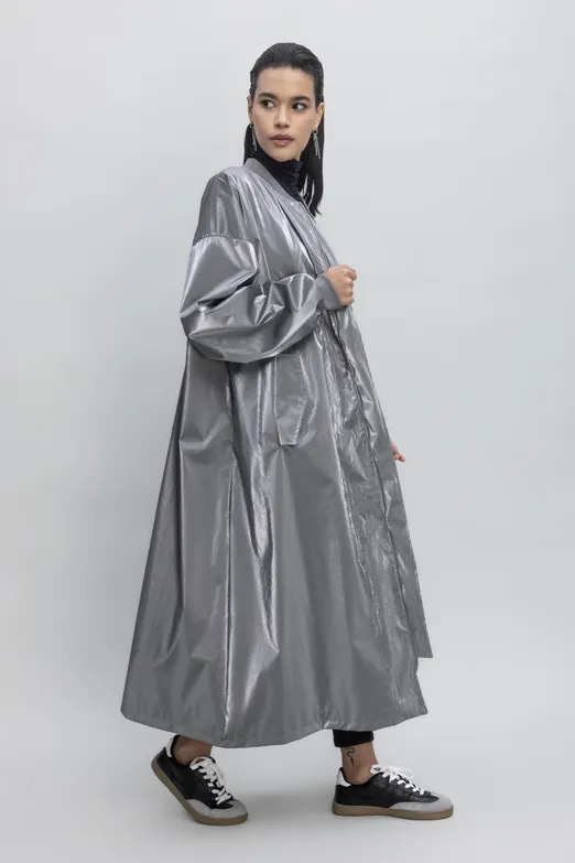 Bayan Gri Oversize Uzun Rugan Trençkot - BSL