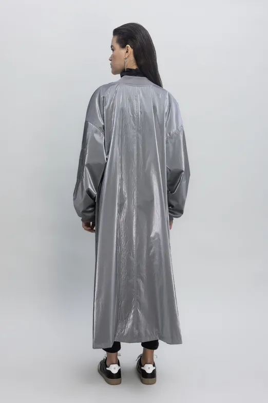 Bayan Gri Oversize Uzun Rugan Trençkot - BSL