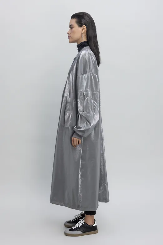 Bayan Gri Oversize Uzun Rugan Trençkot - BSL