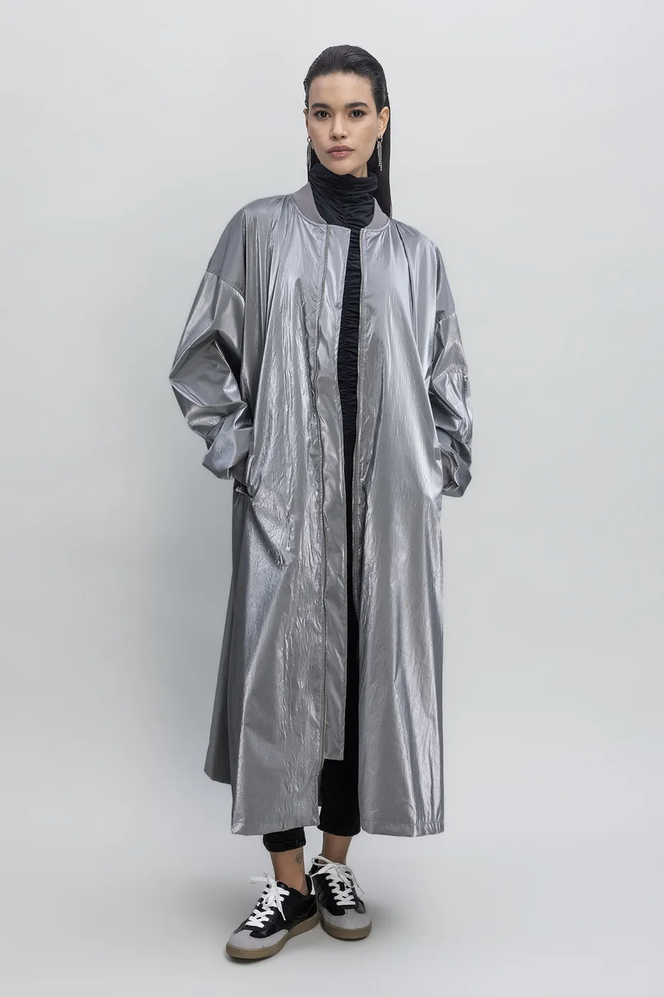 Bayan Gri Oversize Uzun Rugan Trençkot