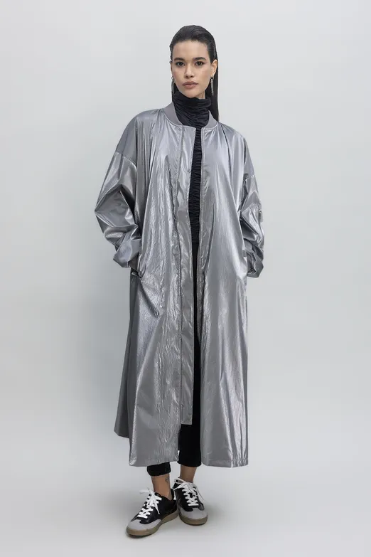 Bayan Gri Oversize Uzun Rugan Trençkot - BSL