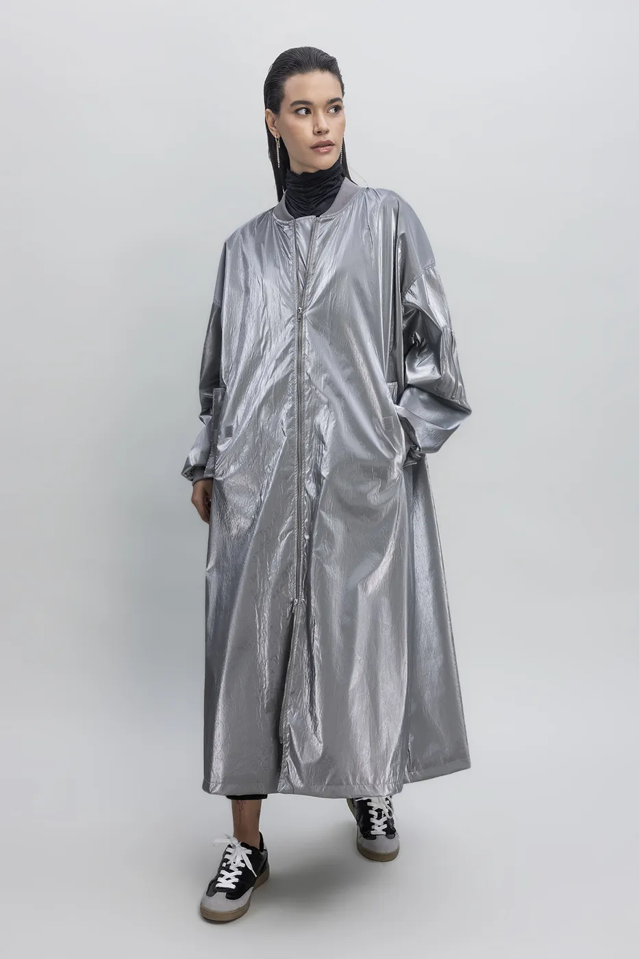 Bayan Gri Oversize Uzun Rugan Trençkot