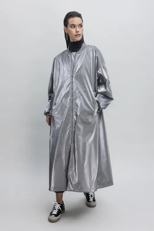 Bayan Gri Oversize Uzun Rugan Trençkot - BSL