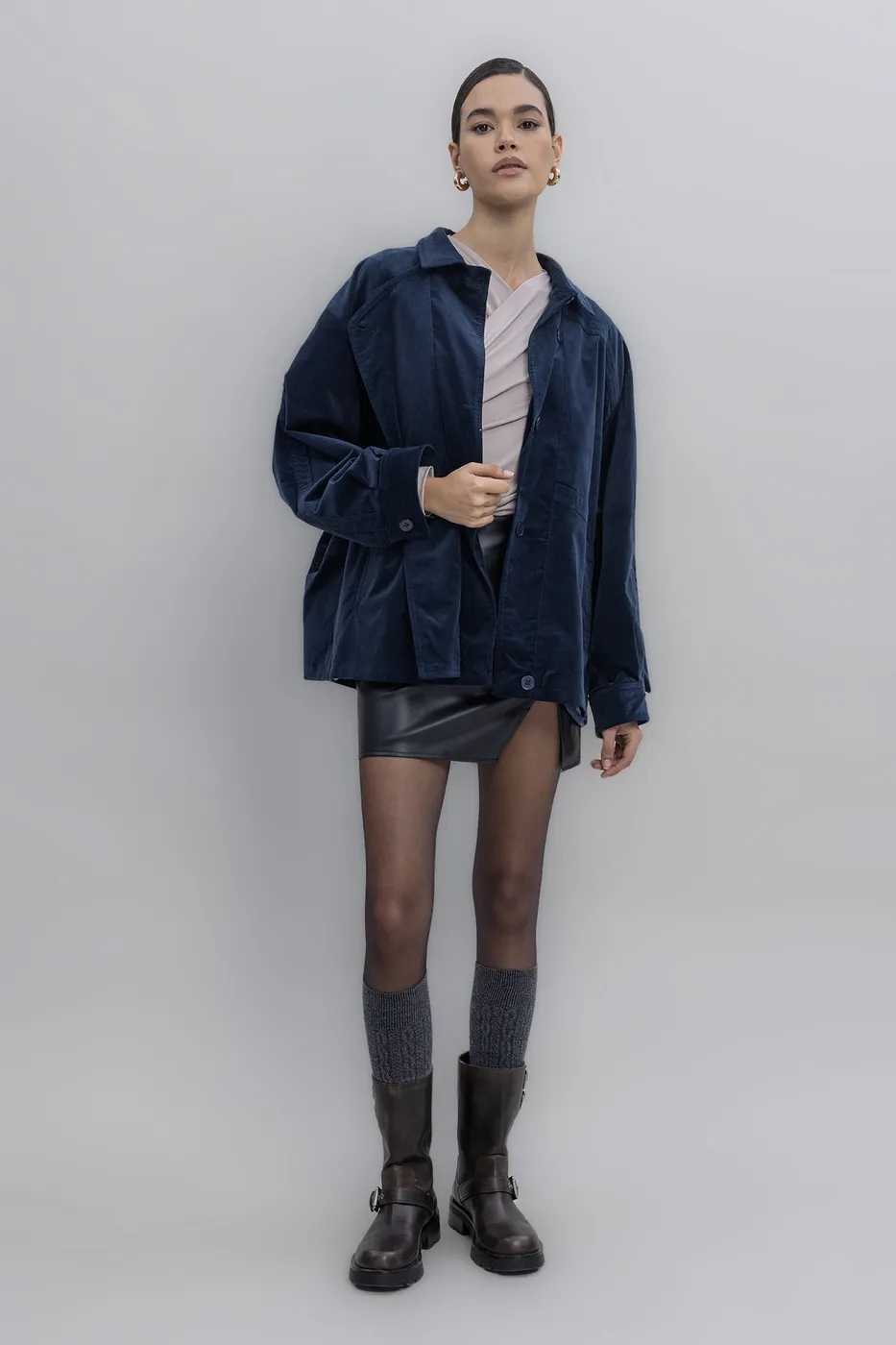 Bayan Lacivert Vintage Süet Görünümlü Mont