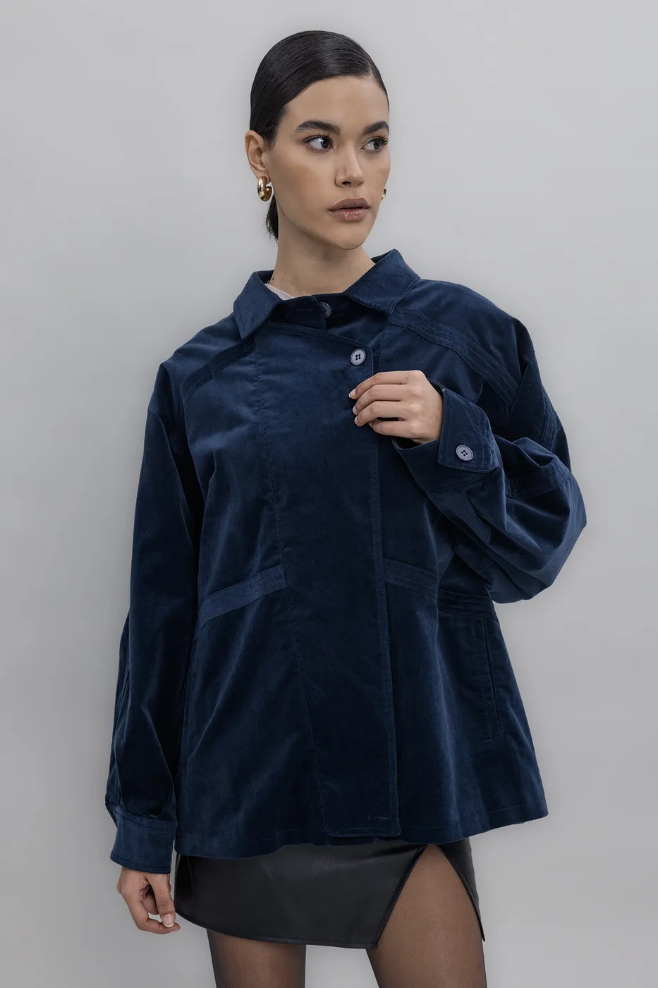 Bayan Lacivert Vintage Süet Görünümlü Mont