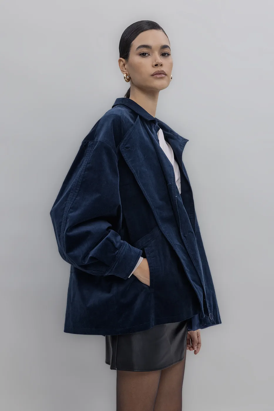 Bayan Lacivert Vintage Süet Görünümlü Mont