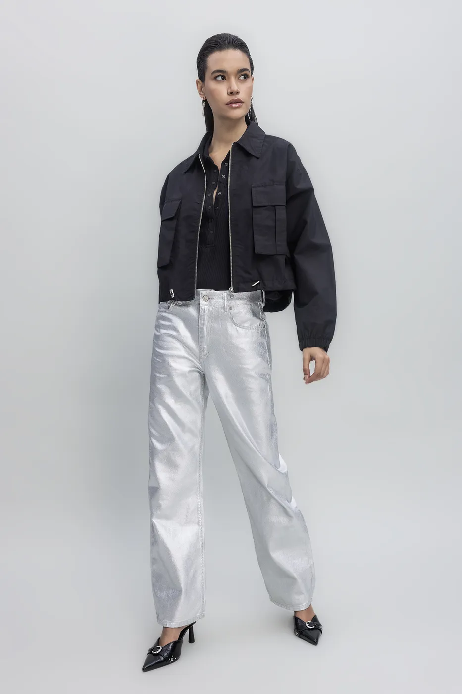 Bayan Gri Varaklı Pantolon