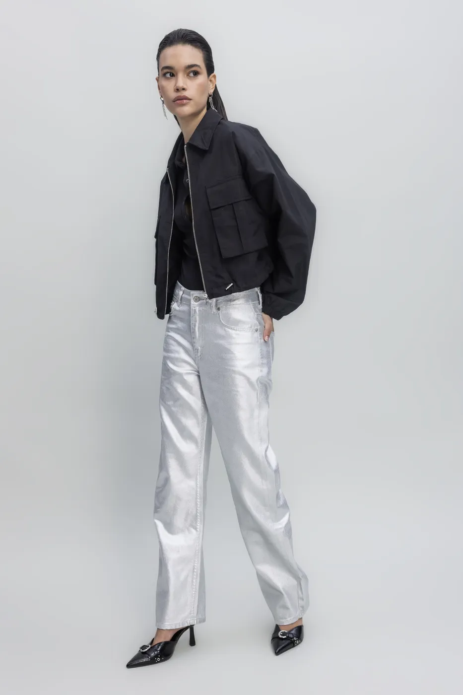 Bayan Gri Varaklı Pantolon