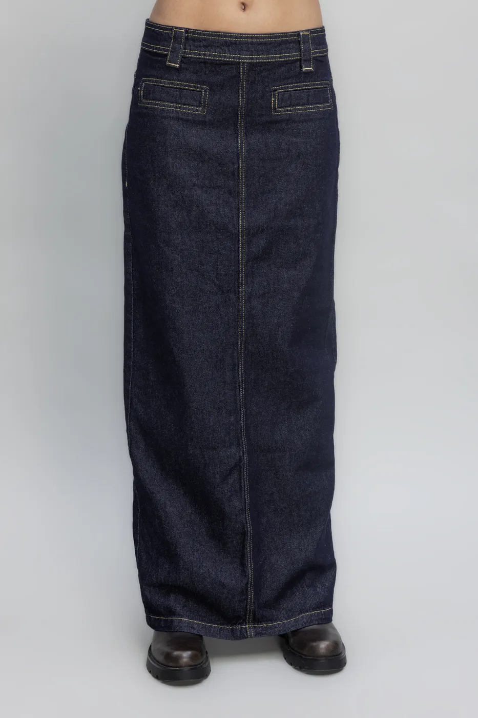 Bayan Lacivert Kontrast Dikiş Detaylı Maksi Denim Etek