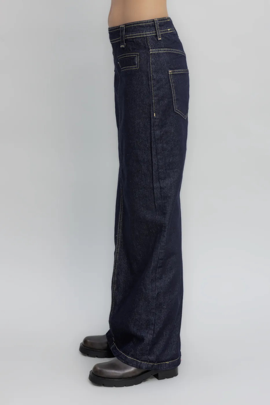 Bayan Lacivert Kontrast Dikiş Detaylı Maksi Denim Etek