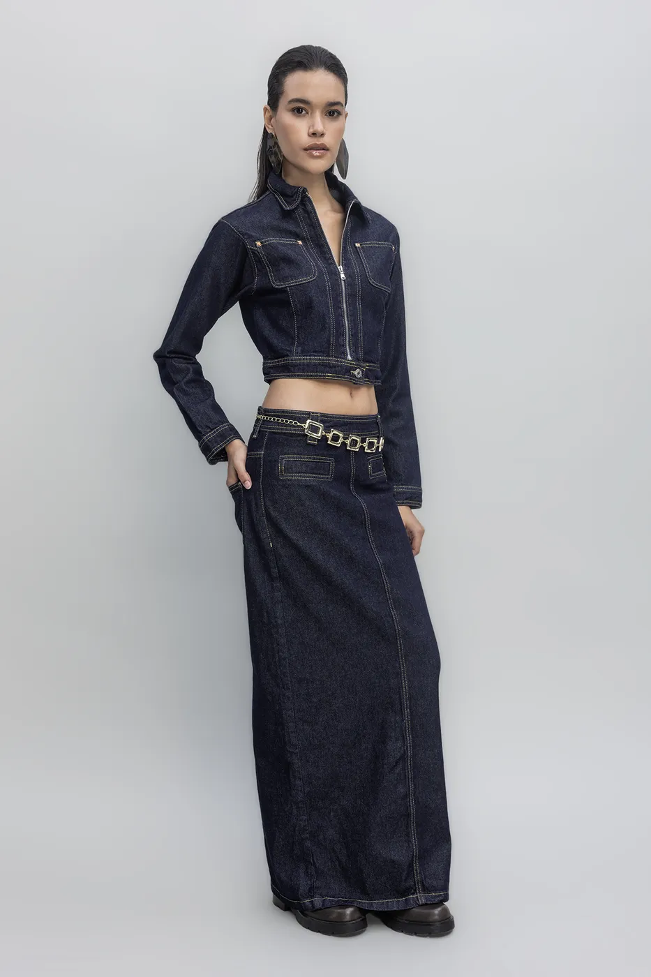 Bayan Lacivert Kontrast Dikiş Detaylı Maksi Denim Etek