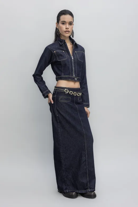 Bayan Lacivert Kontrast Dikiş Detaylı Maksi Denim Etek - BSL