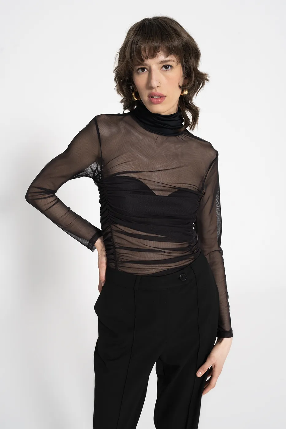 Bayan Siyah Drapeli Tül Bodysuit