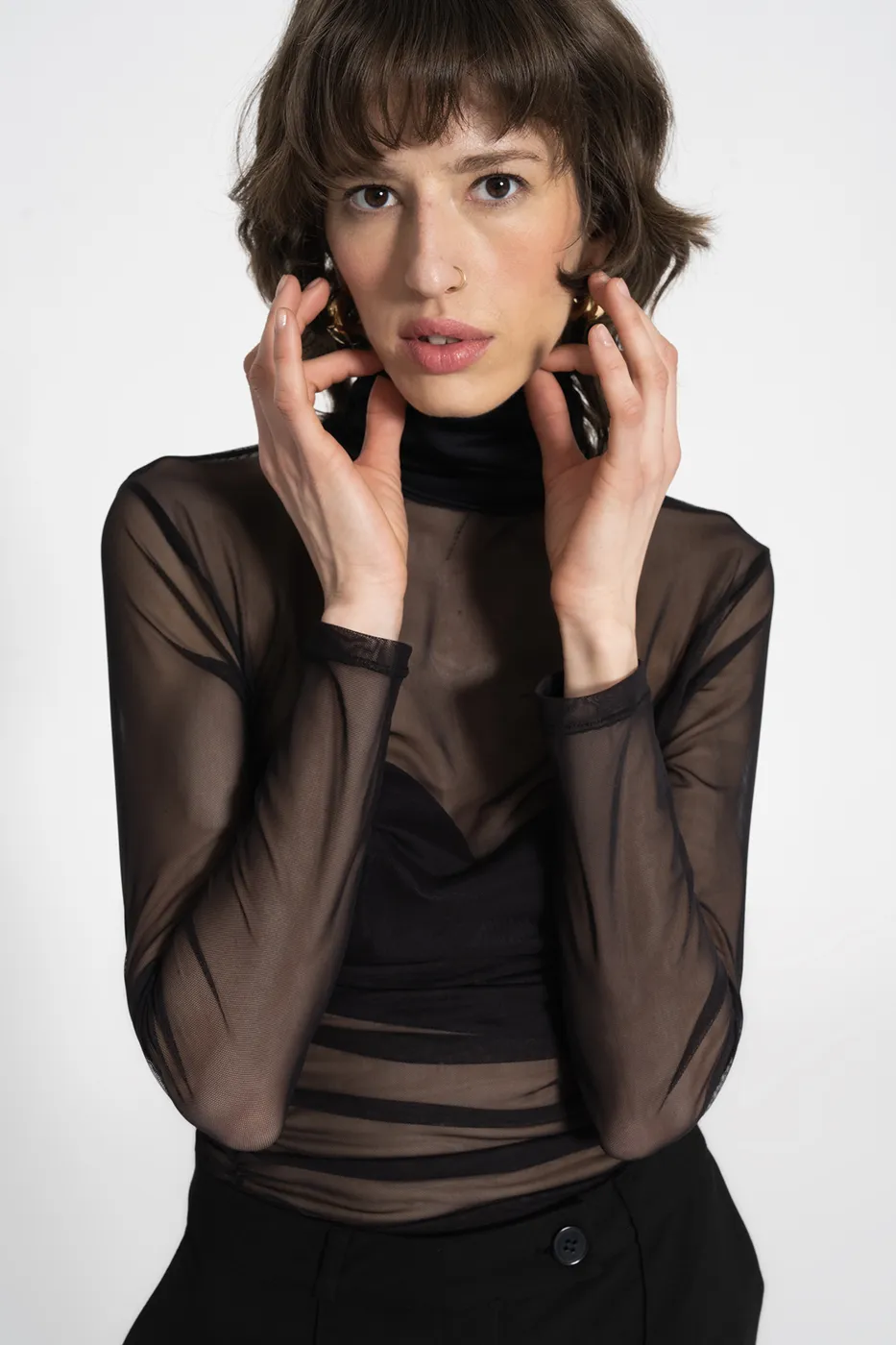 Bayan Siyah Drapeli Tül Bodysuit