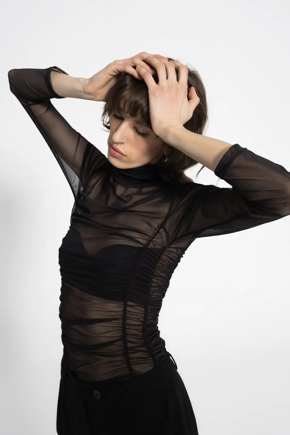 Bayan Siyah Drapeli Tül Bodysuit