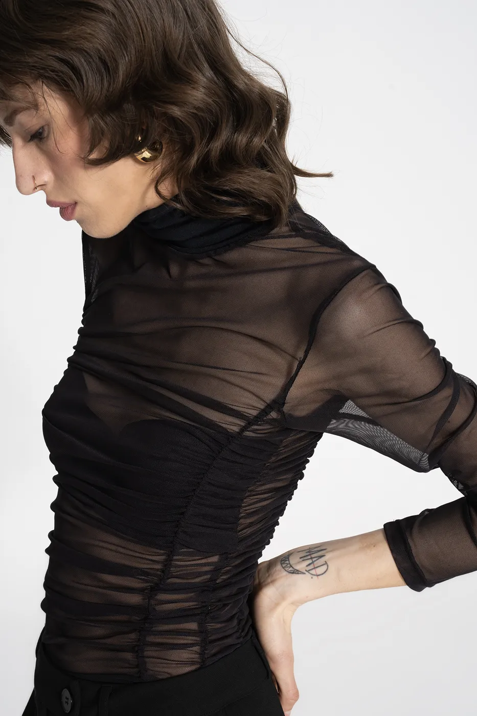 Bayan Siyah Drapeli Tül Bodysuit