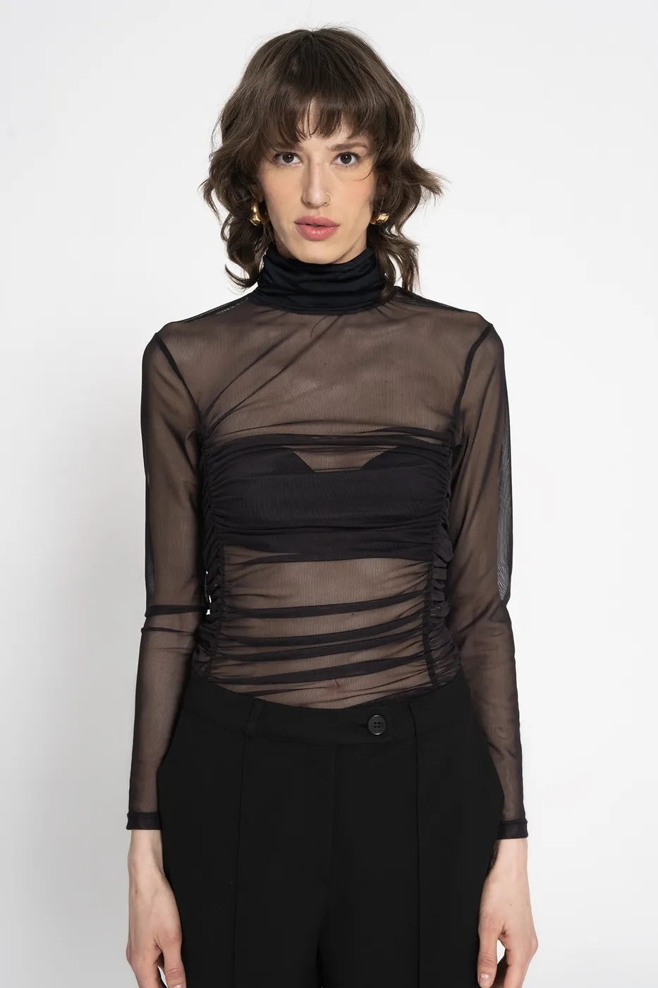 Bayan Siyah Drapeli Tül Bodysuit