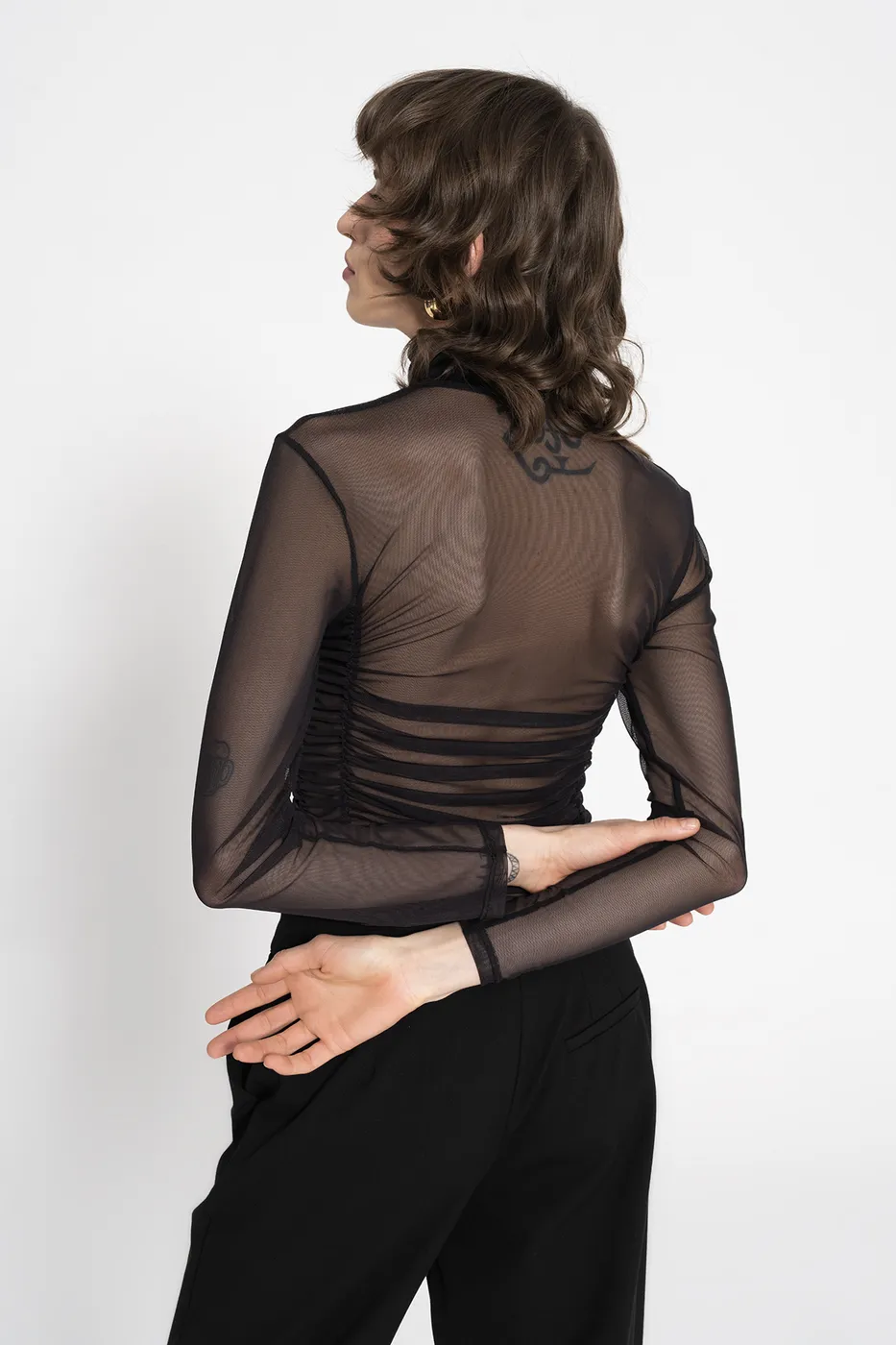 Bayan Siyah Drapeli Tül Bodysuit