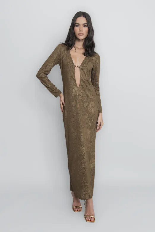 Bayan Haki Derin Yaka Dekolteli Maksi Elbise - BSL