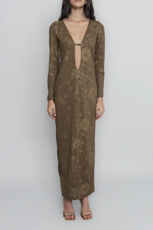 Bayan Haki Derin Yaka Dekolteli Maksi Elbise - BSL