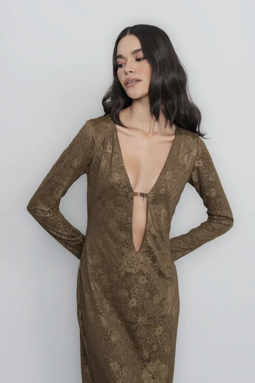 Bayan Haki Derin Yaka Dekolteli Maksi Elbise - BSL