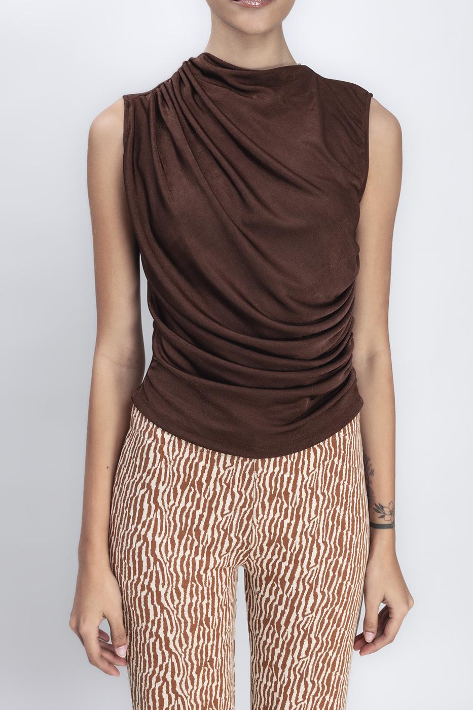 Bayan Kahverengi Drapeli Kolsuz Bluz