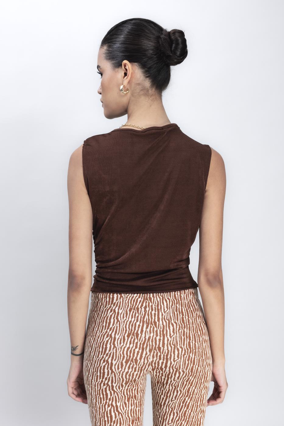 Bayan Kahverengi Drapeli Kolsuz Bluz