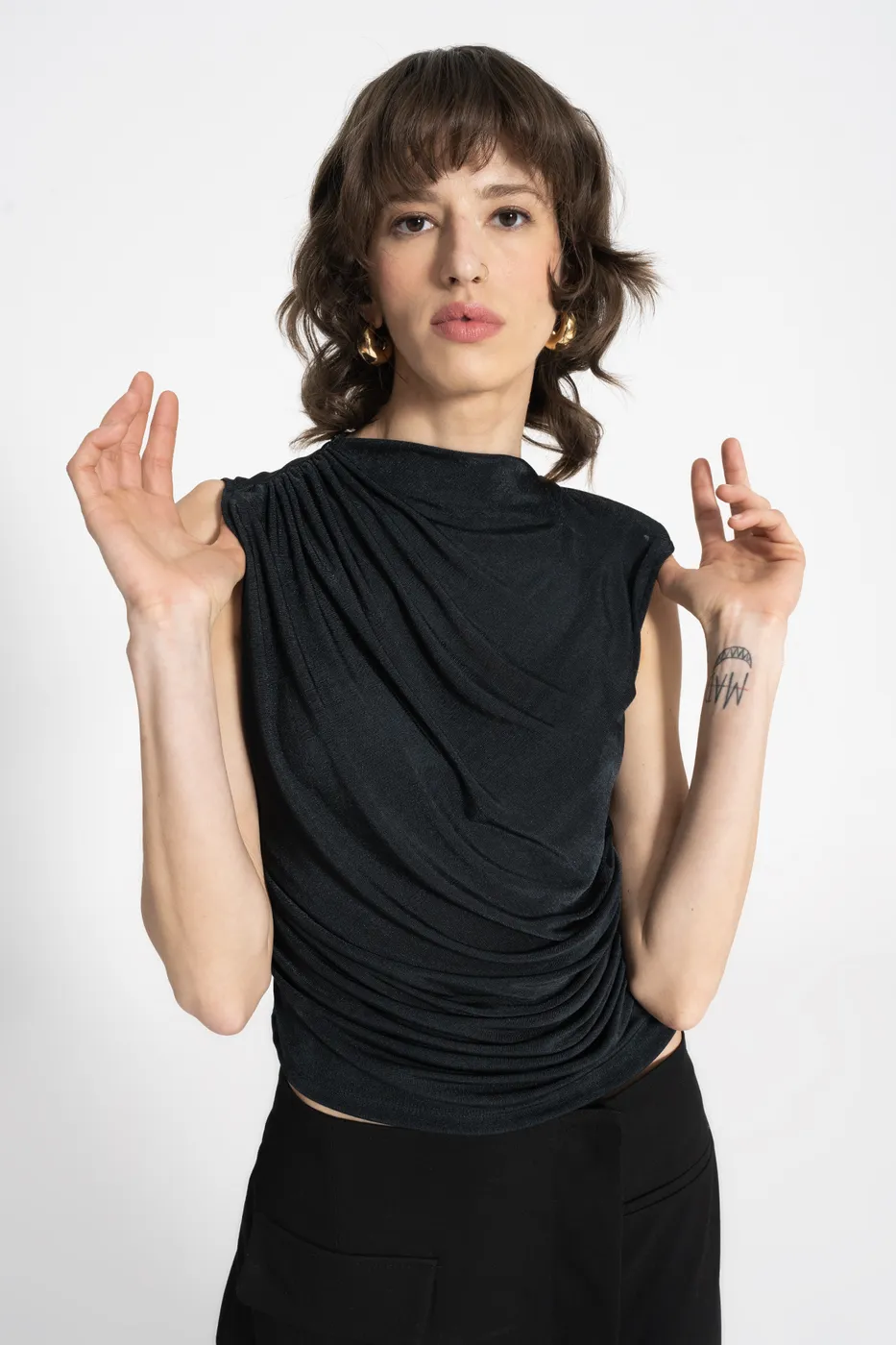 Bayan Yeşil Drapeli Kolsuz Bluz