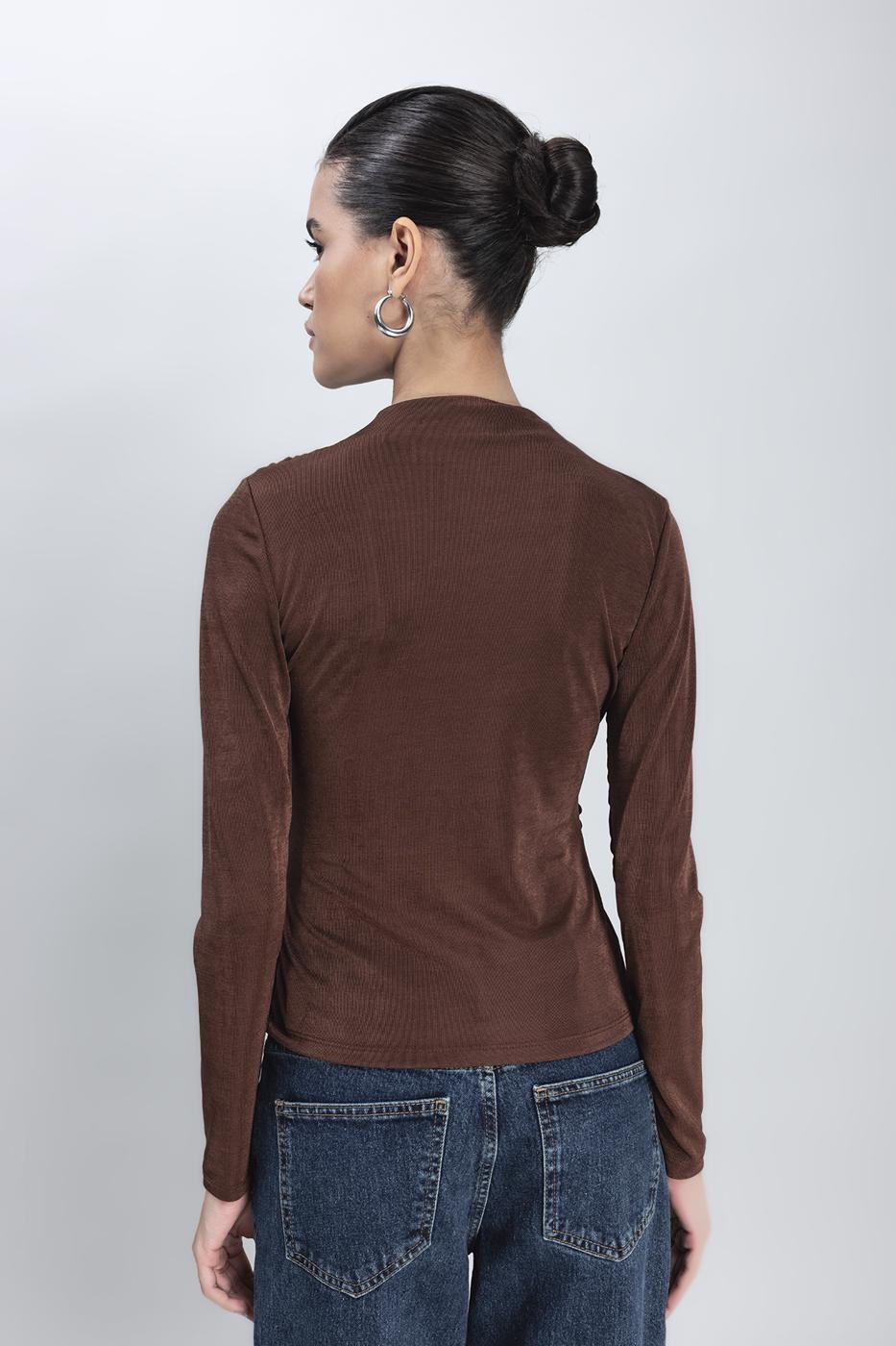 Bayan Kahverengi Çapraz Yaka Detaylı Top
