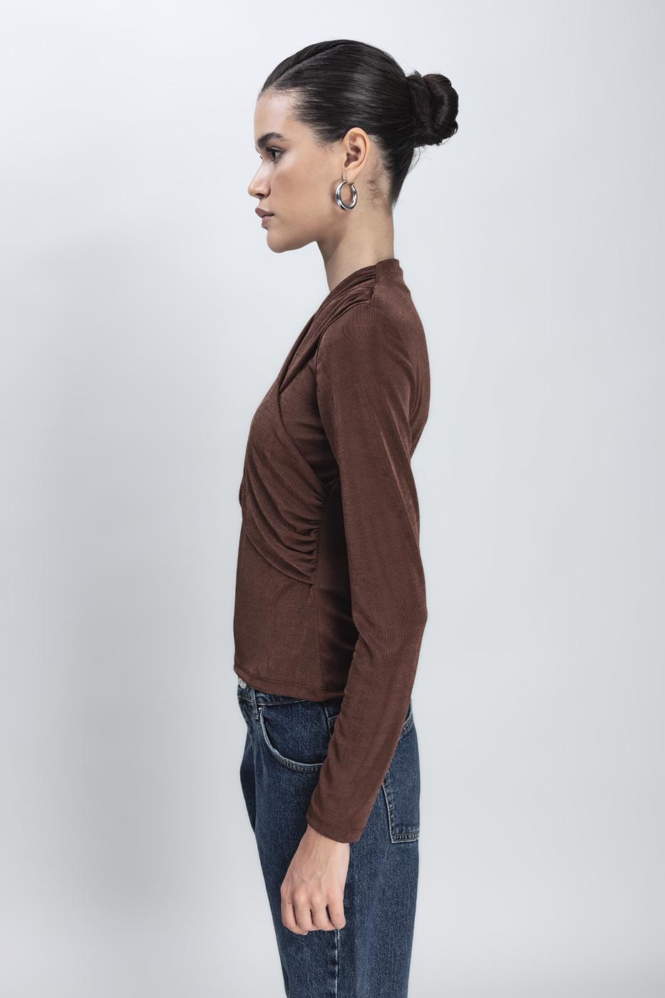 Bayan Kahverengi Çapraz Yaka Detaylı Top