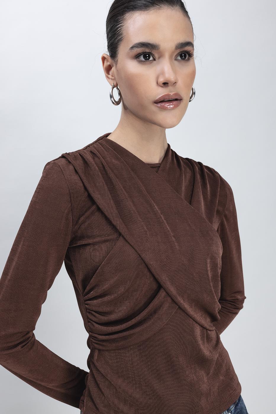 Bayan Kahverengi Çapraz Yaka Detaylı Top