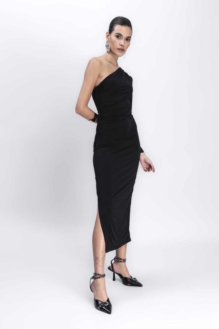 Bayan Siyah Tek Omuz Detaylı Midi Elbise