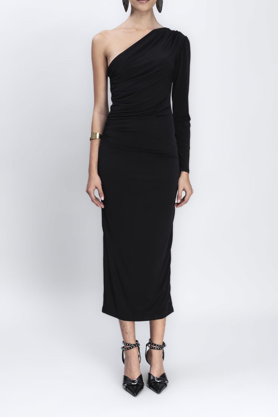 Bayan Siyah Tek Omuz Detaylı Midi Elbise