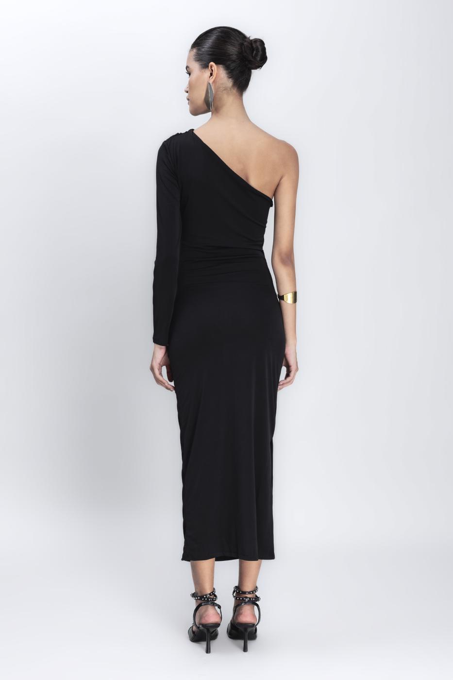 Bayan Siyah Tek Omuz Detaylı Midi Elbise