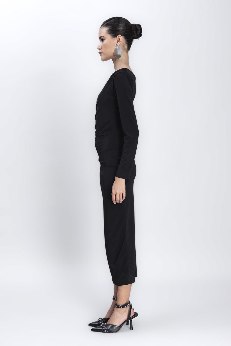 Bayan Siyah Tek Omuz Detaylı Midi Elbise