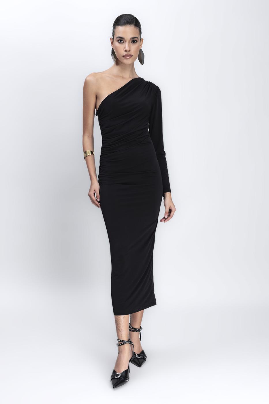 Bayan Siyah Tek Omuz Detaylı Midi Elbise