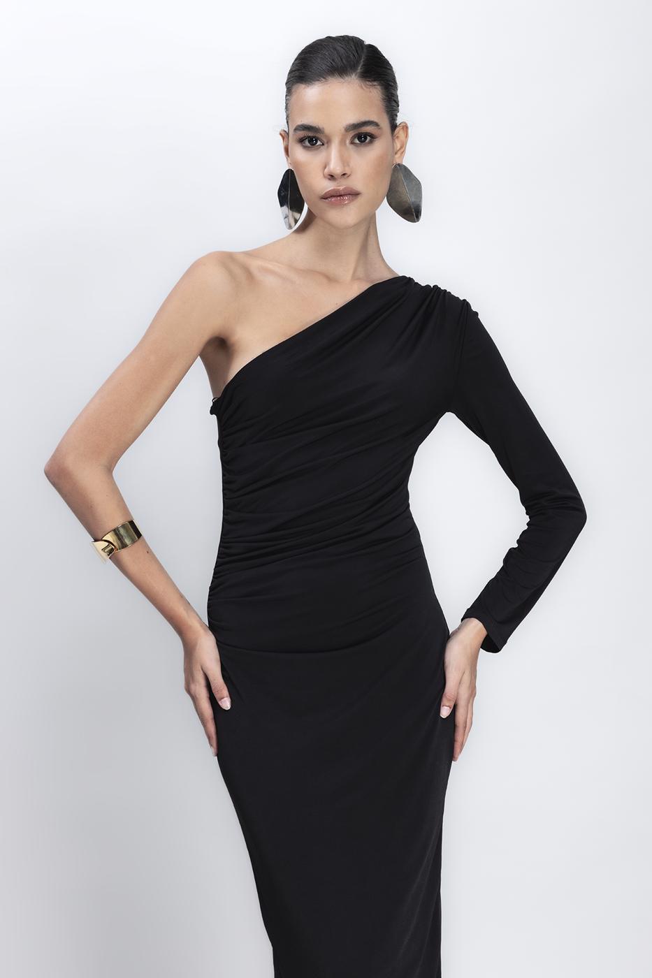 Bayan Siyah Tek Omuz Detaylı Midi Elbise