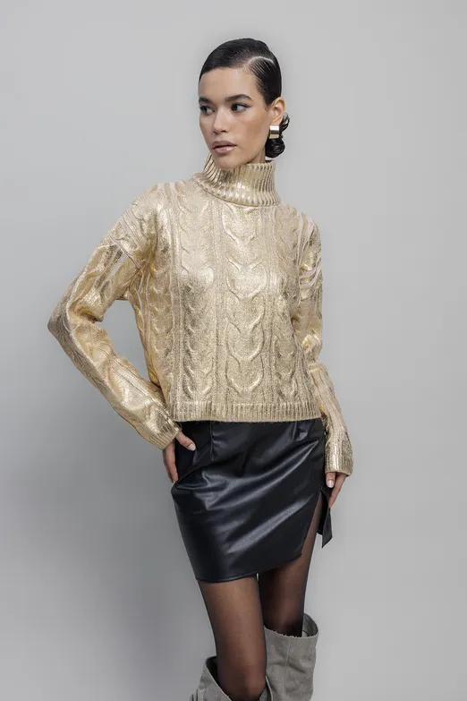 Bayan Altın Varak Baskılı Balıkçı Yaka Kazak - BSL