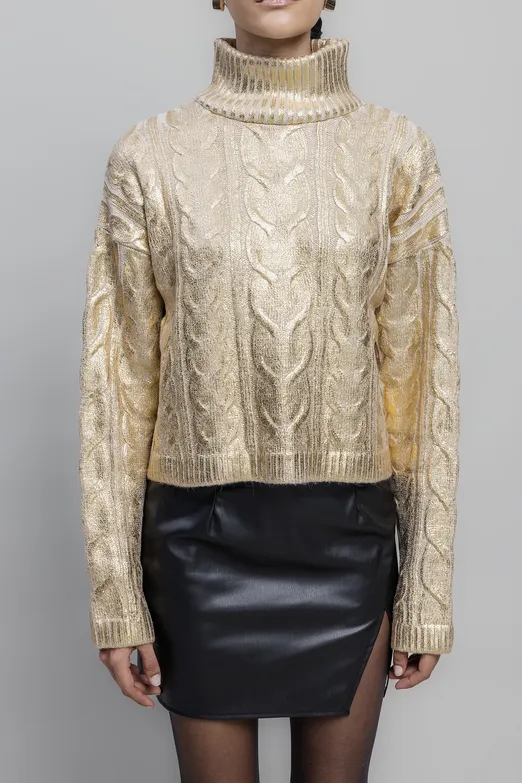 Bayan Altın Varak Baskılı Balıkçı Yaka Kazak - BSL