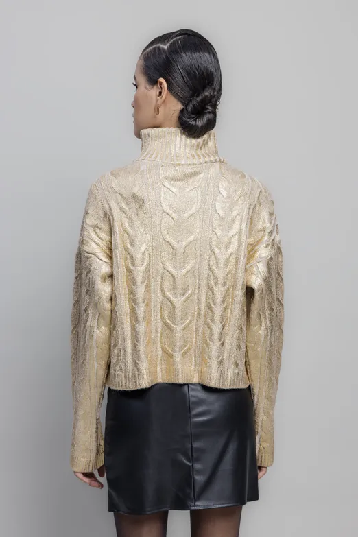 Bayan Altın Varak Baskılı Balıkçı Yaka Kazak - BSL