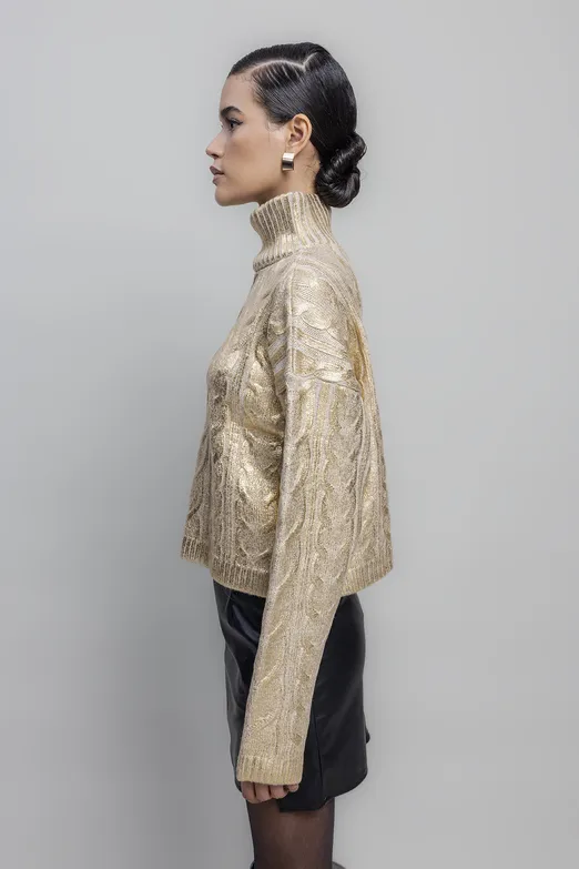 Bayan Altın Varak Baskılı Balıkçı Yaka Kazak - BSL