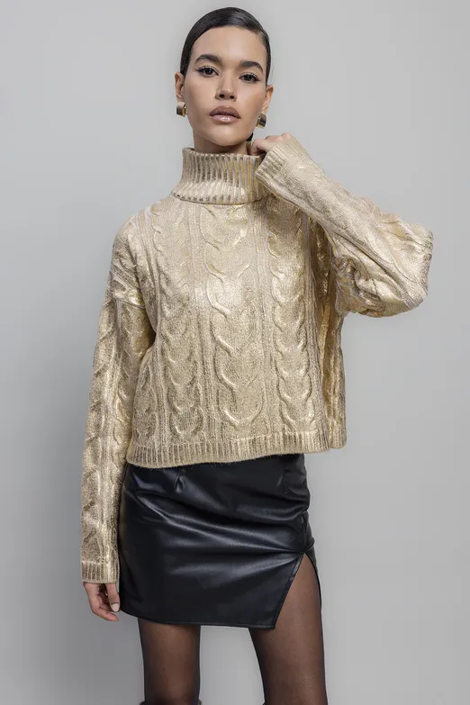 Bayan Altın Varak Baskılı Balıkçı Yaka Kazak - BSL