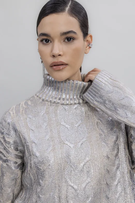 Bayan Gümüş Varak Baskılı Balıkçı Yaka Kazak - BSL