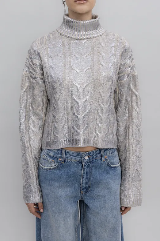 Bayan Gümüş Varak Baskılı Balıkçı Yaka Kazak - BSL