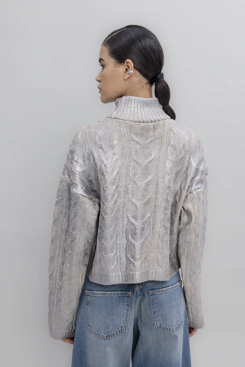 Bayan Gümüş Varak Baskılı Balıkçı Yaka Kazak