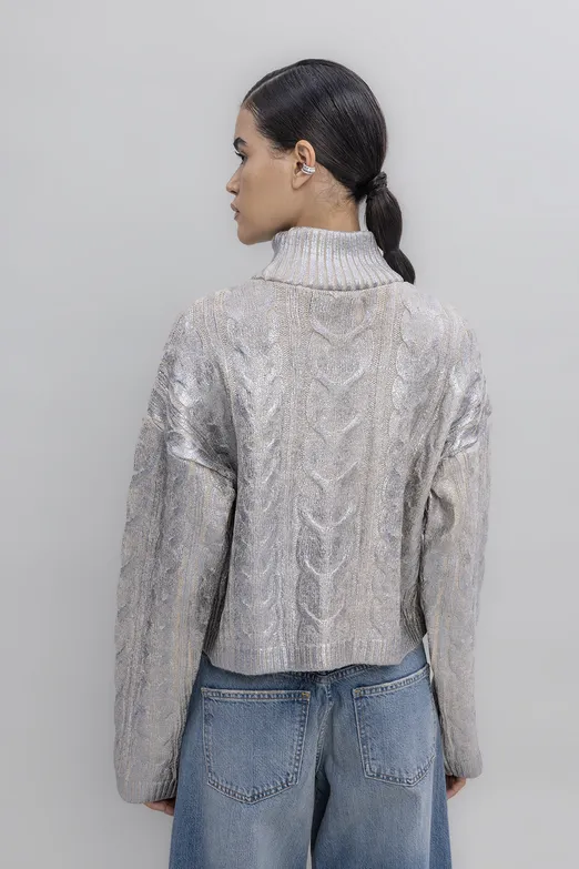 Bayan Gümüş Varak Baskılı Balıkçı Yaka Kazak - BSL