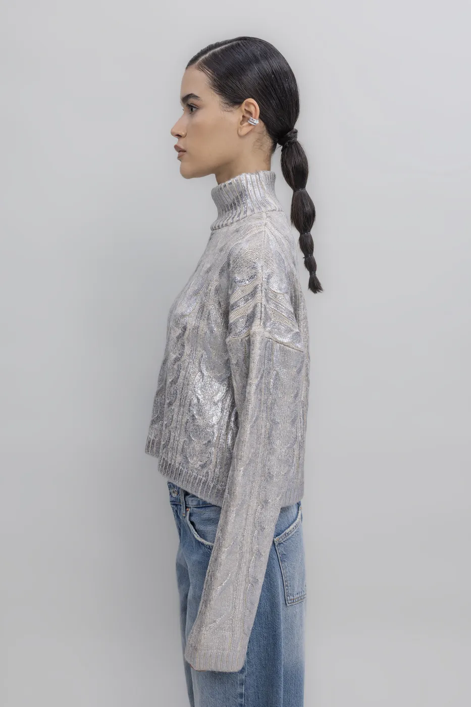 Bayan Gümüş Varak Baskılı Balıkçı Yaka Kazak